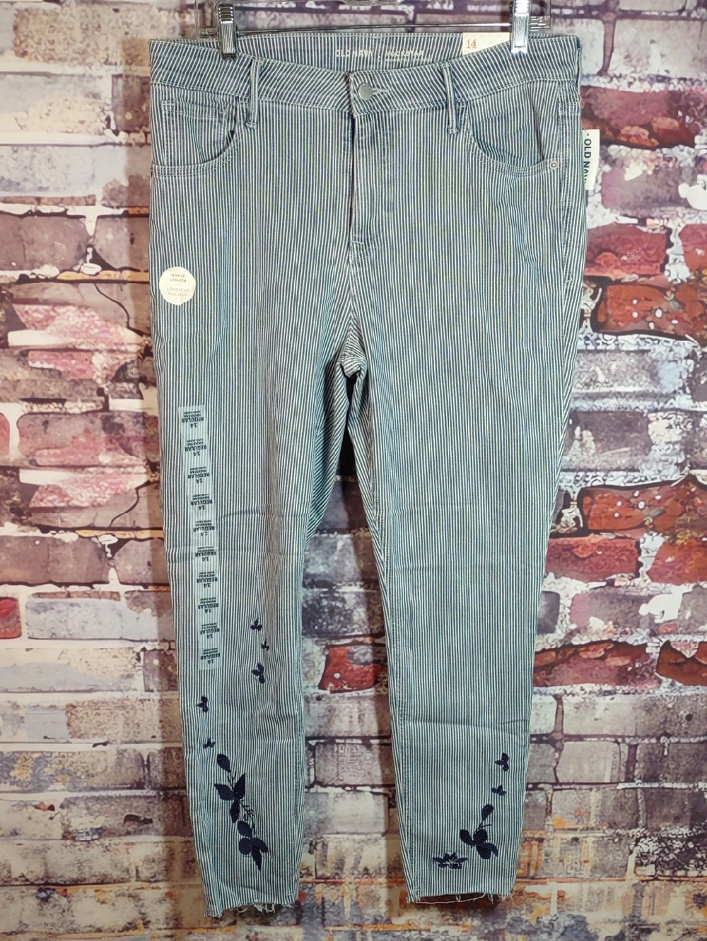 Old Navy Blue and White Pinstripe Skinny Jeans with Blue Floral Embroidery